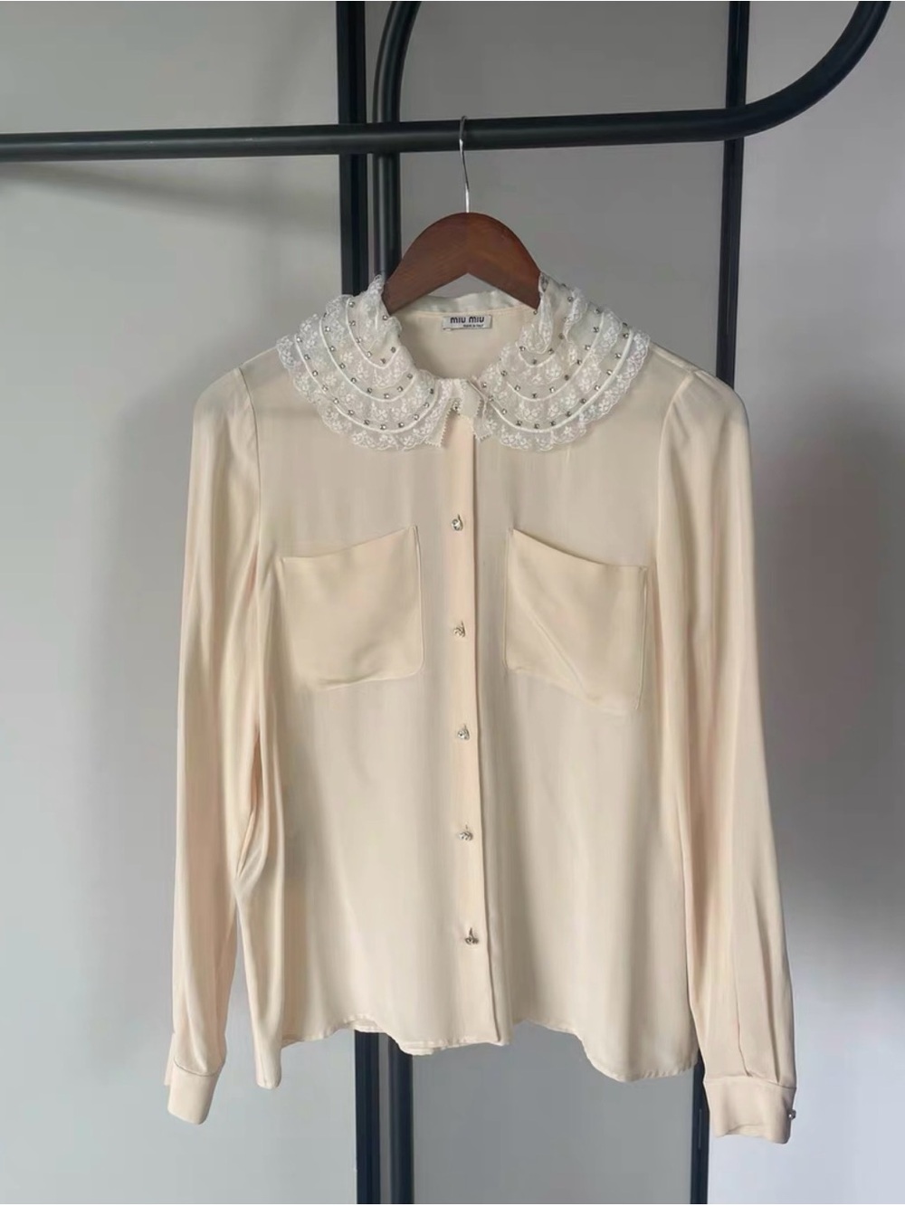 Miu Miu Cream Embellished Peter Pan Collar Silk Blouse